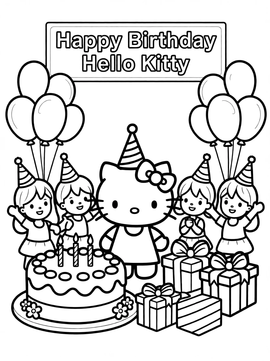 Hello Kitty celebrating her birthday with a big cake, presents, balloons, and all her friends wearing party hats