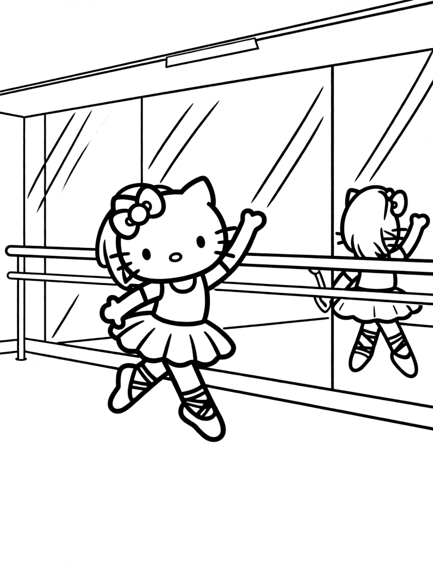 Hello Kitty dancing in a ballet studio, wearing a tutu and ballet slippers, with mirrors and a practice barre