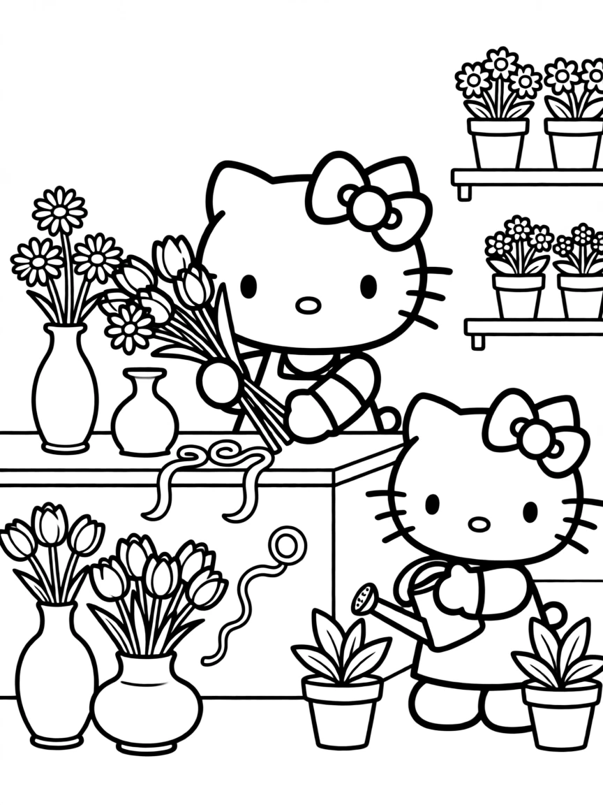 Hello Kitty working in a flower shop, arranging bouquets and watering plants, with vases and ribbons everywhere