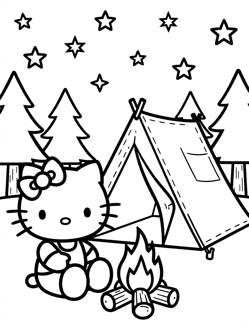 Hello Kitty camping in the forest, sitting by a campfire with her tent set up and stars twinkling overhead