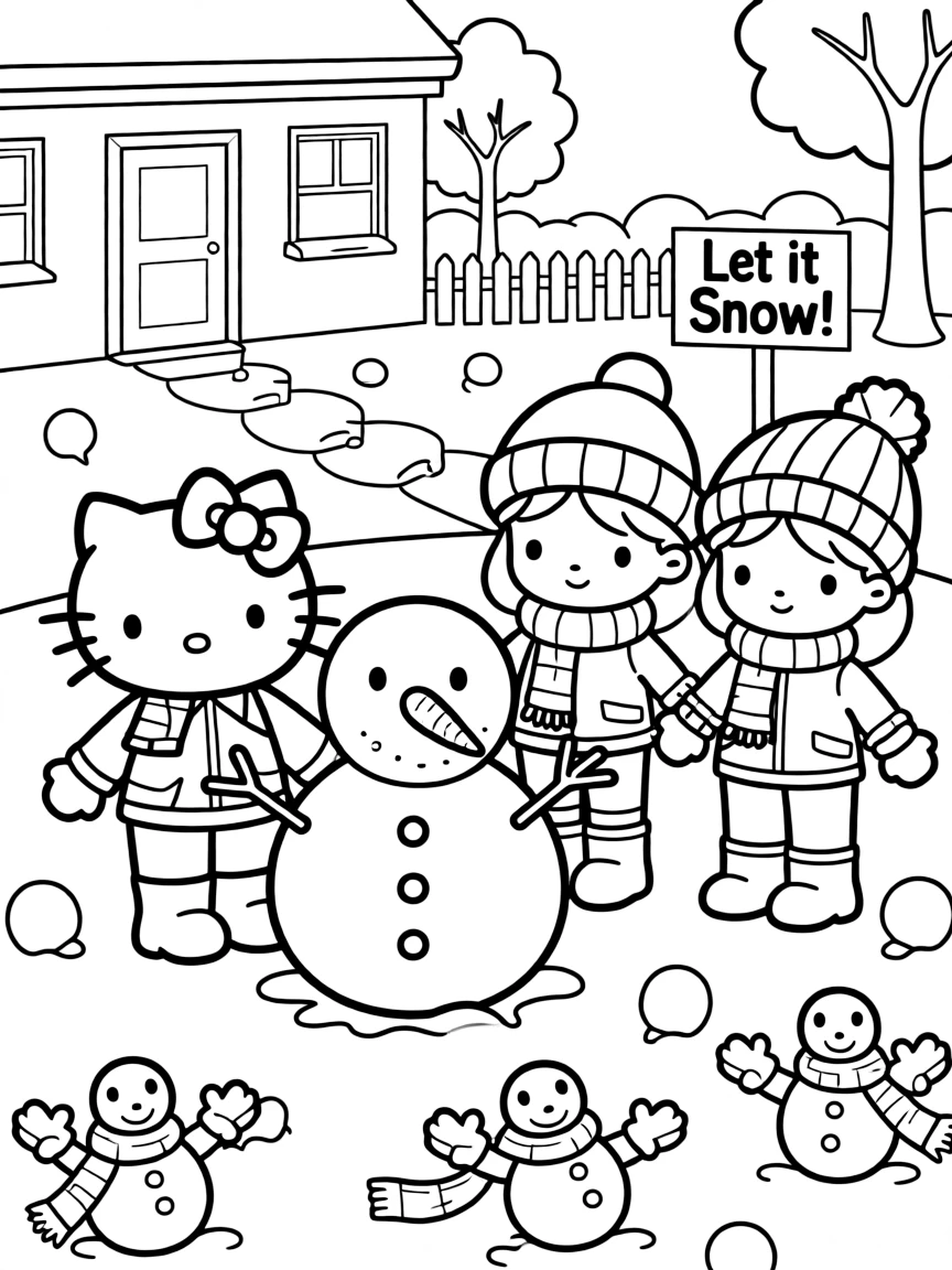 Hello Kitty and friends building a snowman in her front yard, with snow angels and snowballs scattered around
