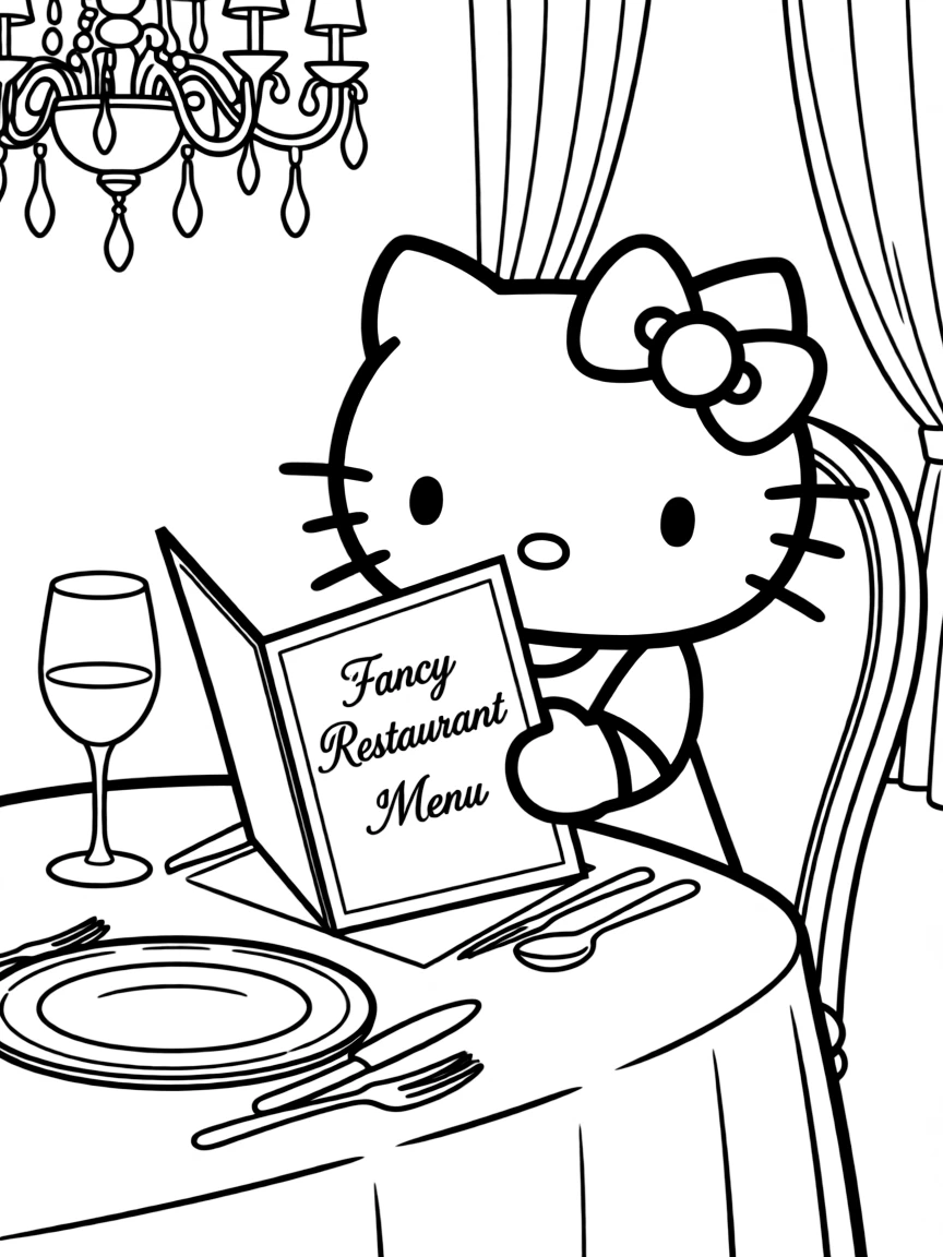 Hello Kitty at a fancy restaurant, sitting at a table with elegant place settings and a menu in her hands