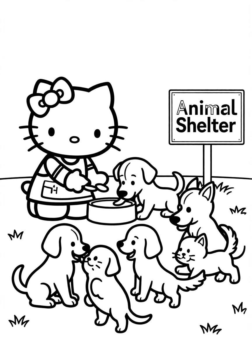 Hello Kitty volunteering at an animal shelter, feeding and playing with cute puppies and kittens
