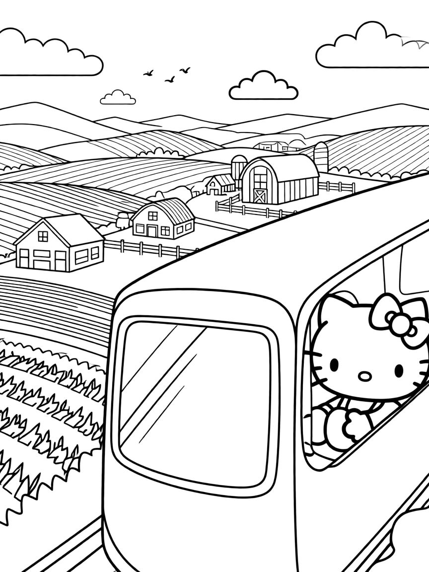 Hello Kitty riding a train through the countryside, looking out the window at farms, hills, and little towns