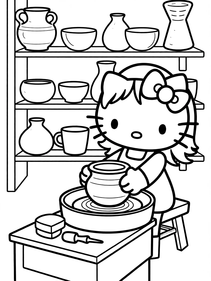Hello Kitty in her art class, working on a pottery wheel with clay and ceramic pieces drying on shelves