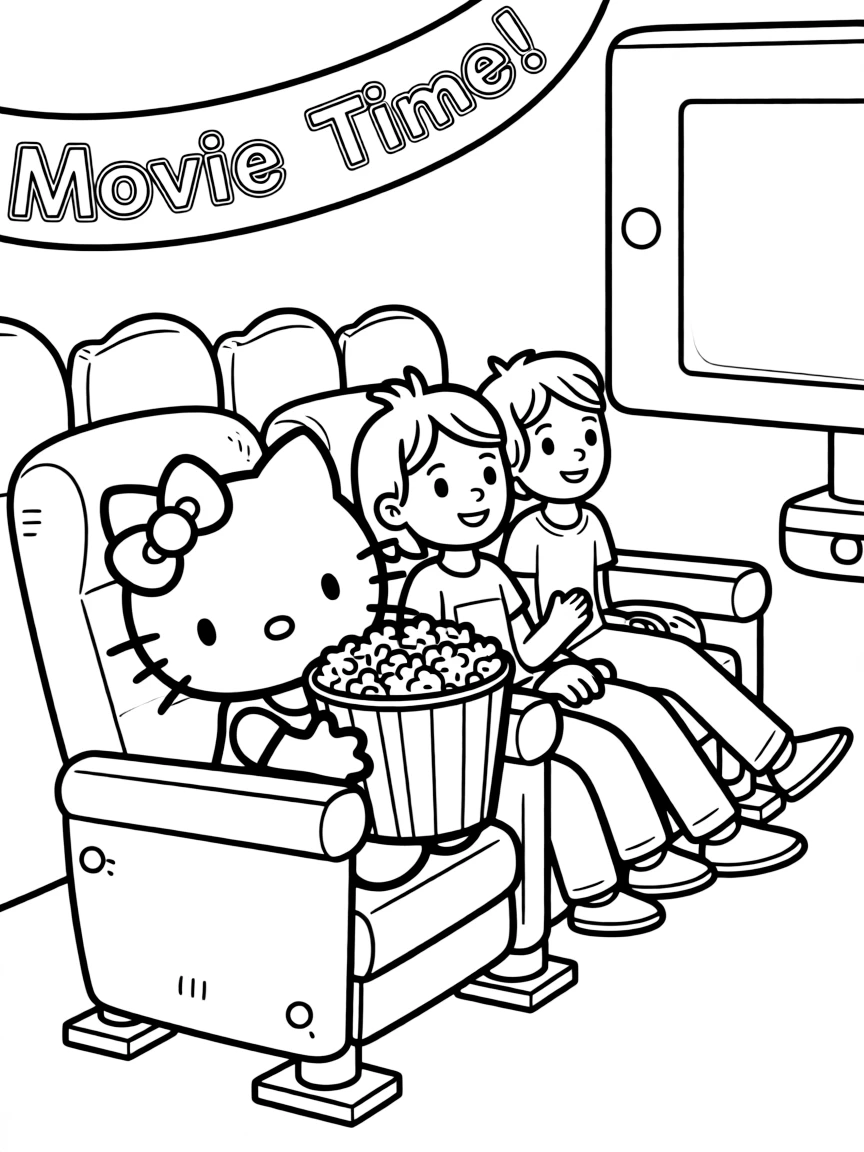 Hello Kitty and friends at a movie theater, sharing popcorn and watching a film with comfortable theater seats