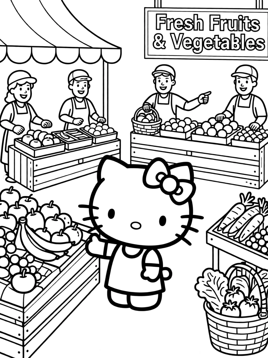 Hello Kitty at a farmers market, selecting fresh fruits and vegetables from colorful stands and friendly vendors