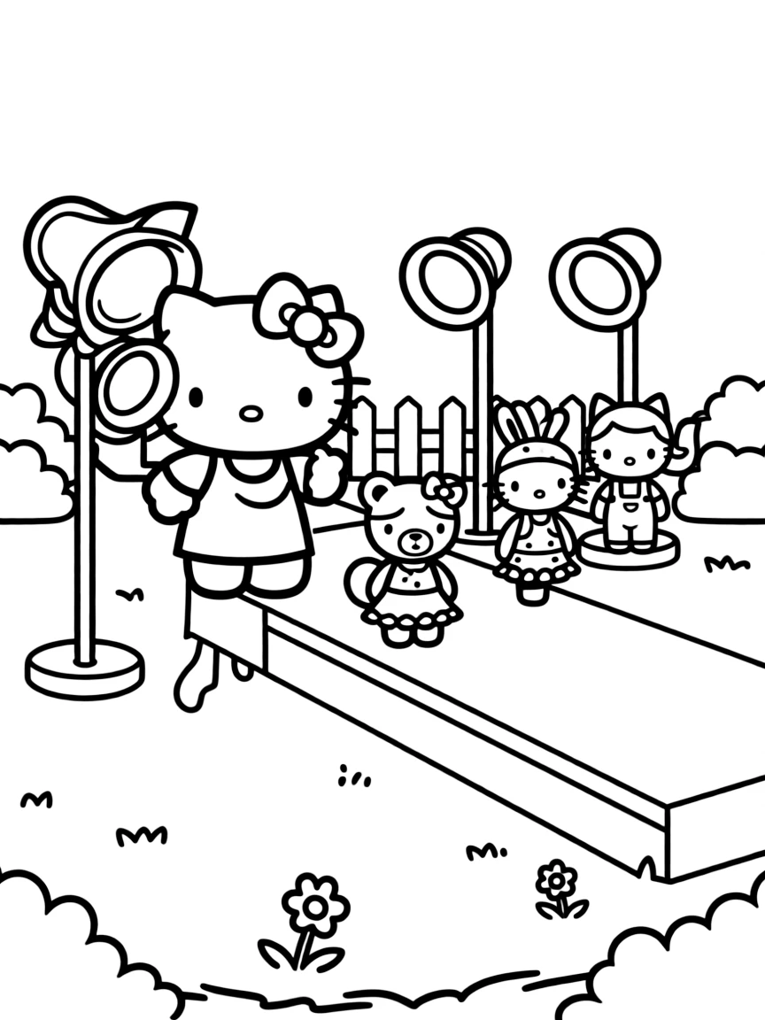 Hello Kitty hosting a fashion show in her backyard, with a runway, spotlights, and friends modeling cute outfits