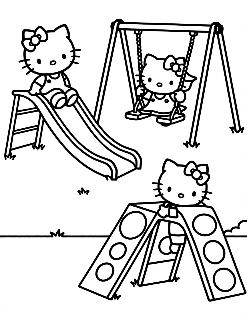 Hello Kitty playing in a playground, going down slides, swinging on swings, and climbing jungle gyms