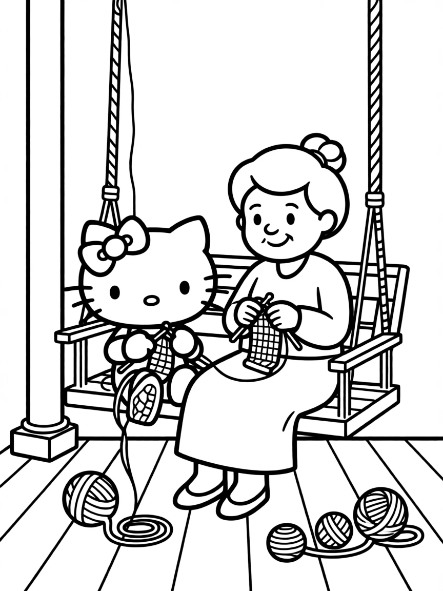 Hello Kitty and Grandma knitting together on a porch swing, with yarn balls and knitting needles scattered around