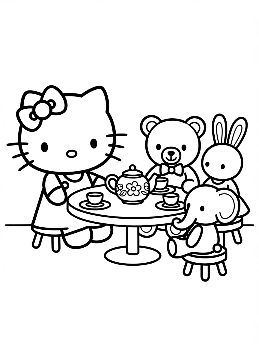 Hello Kitty having a tea party with her stuffed animals, each seated around a small table with tiny cups and plates