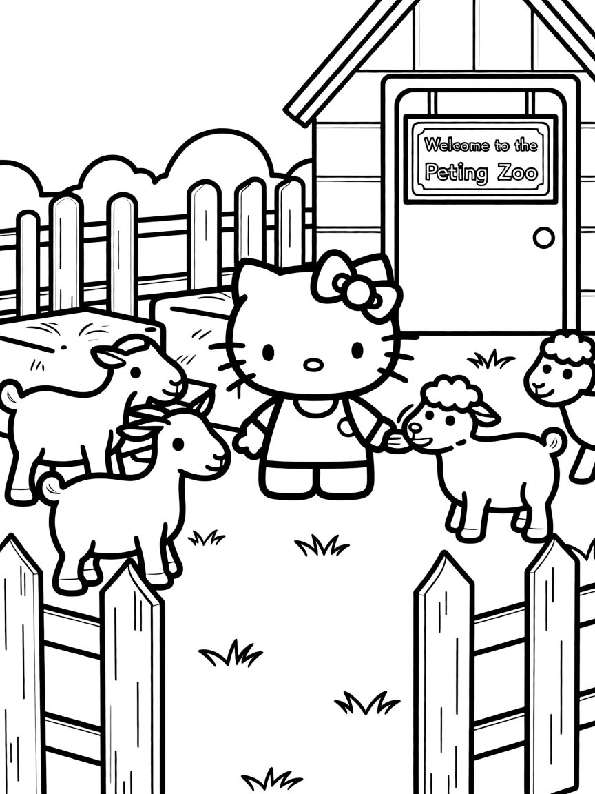Hello Kitty at a petting zoo, feeding goats and sheep, with farm animals and hay bales throughout the scene