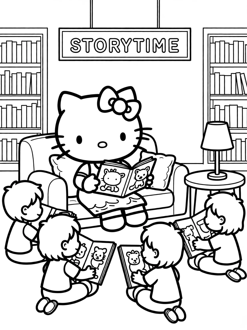 Hello Kitty at a library, reading stories to younger children with picture books and cozy reading nooks