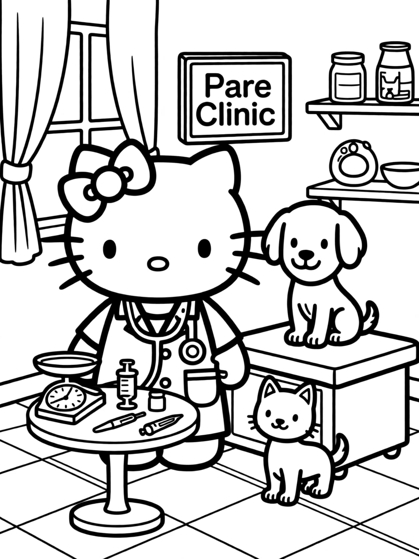 Hello Kitty working as a veterinarian, examining pets with a stethoscope and medical equipment in the clinic