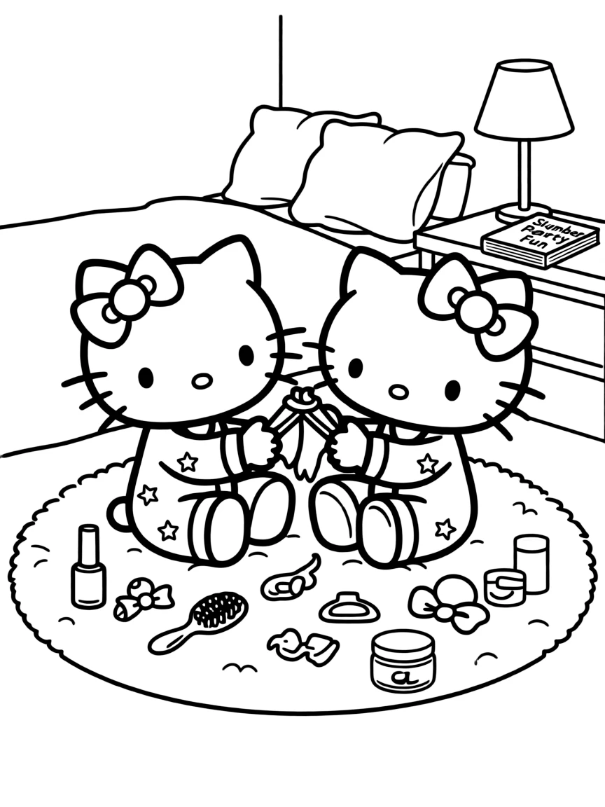 Hello Kitty and Mimmy having a slumber party, doing each other's hair and nails with beauty supplies everywhere