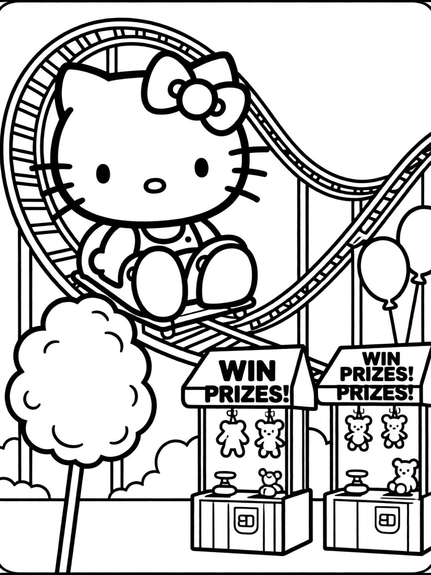 Hello Kitty at a amusement park, riding roller coasters with loops and curves, cotton candy and prize games nearby