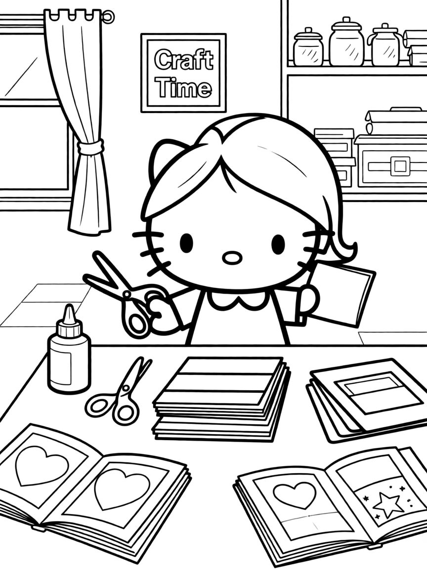 Hello Kitty in her craft room, making scrapbooks and photo albums with scissors, glue, and colorful paper