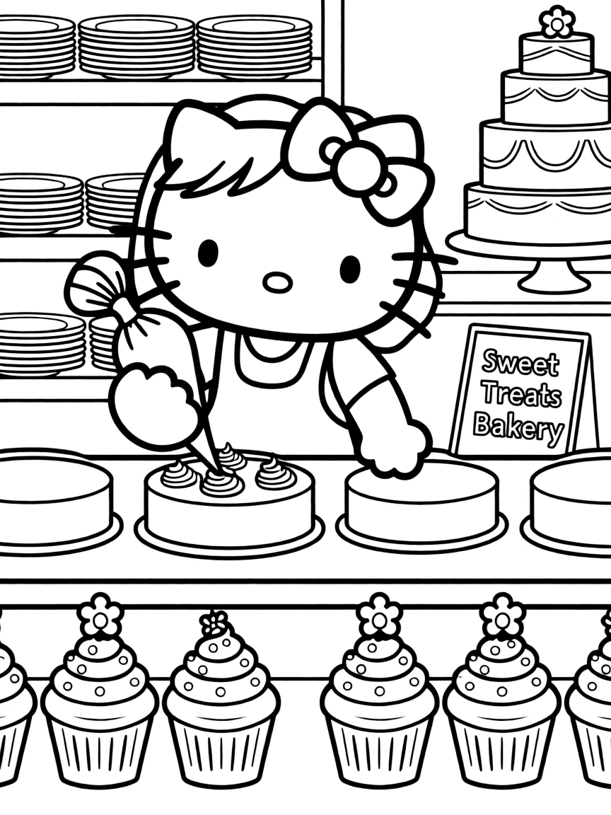 Hello Kitty working in a bakery, decorating cakes and cupcakes with frosting, sprinkles, and edible decorations