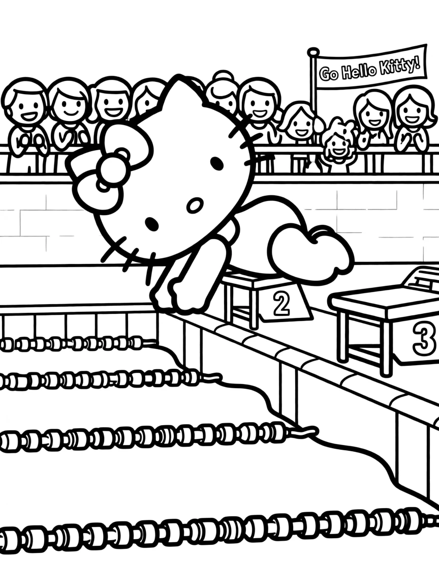 Hello Kitty at a swim meet, diving into a pool with lane markers and spectators cheering from the stands
