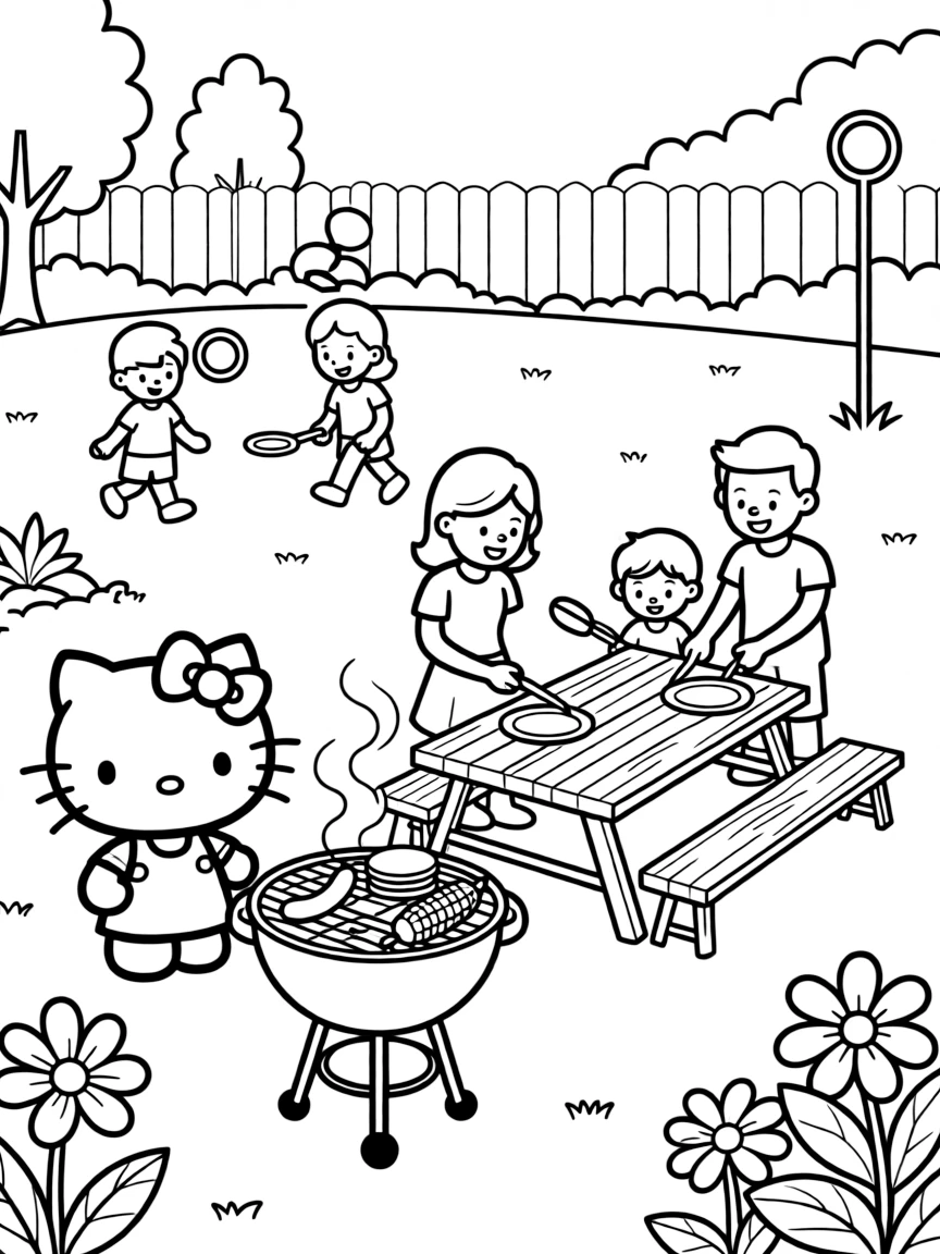 Hello Kitty and family at a barbecue, grilling food and playing games in the backyard with picnic tables