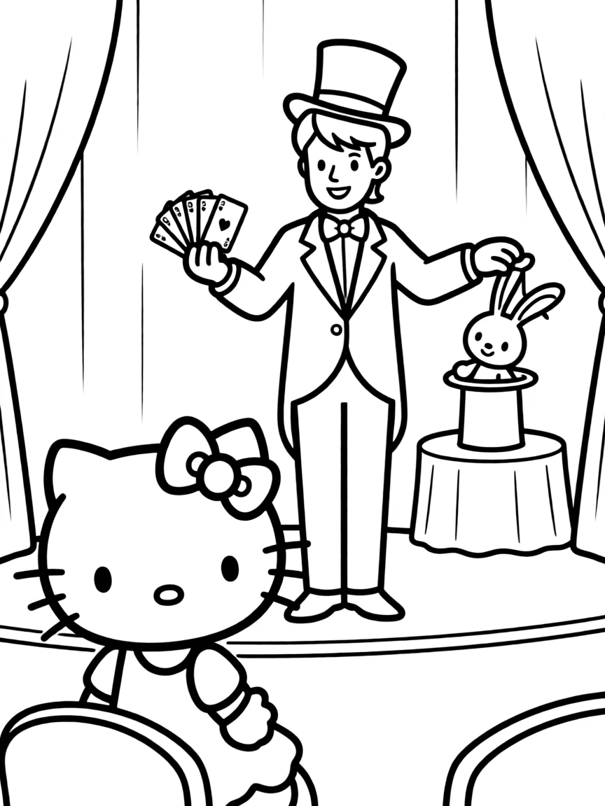 Hello Kitty at a magic show, watching a magician perform tricks with rabbits, cards, and a top hat