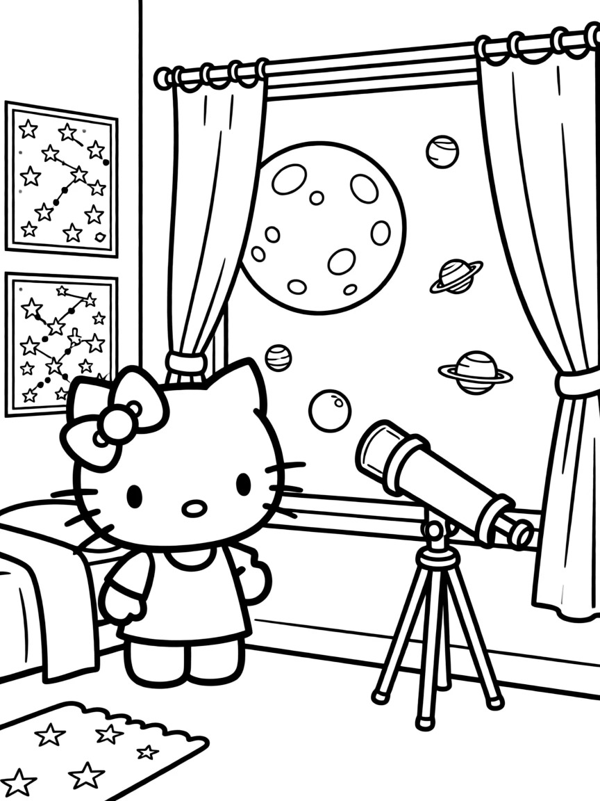 Hello Kitty stargazing from her bedroom window, with a telescope, star charts, and the moon and planets visible