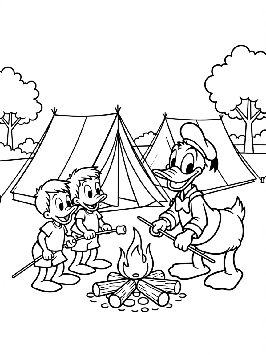 Donald Duck and his nephews Huey, Dewey, and Louie on a camping adventure, setting up tents and roasting marshmallows
