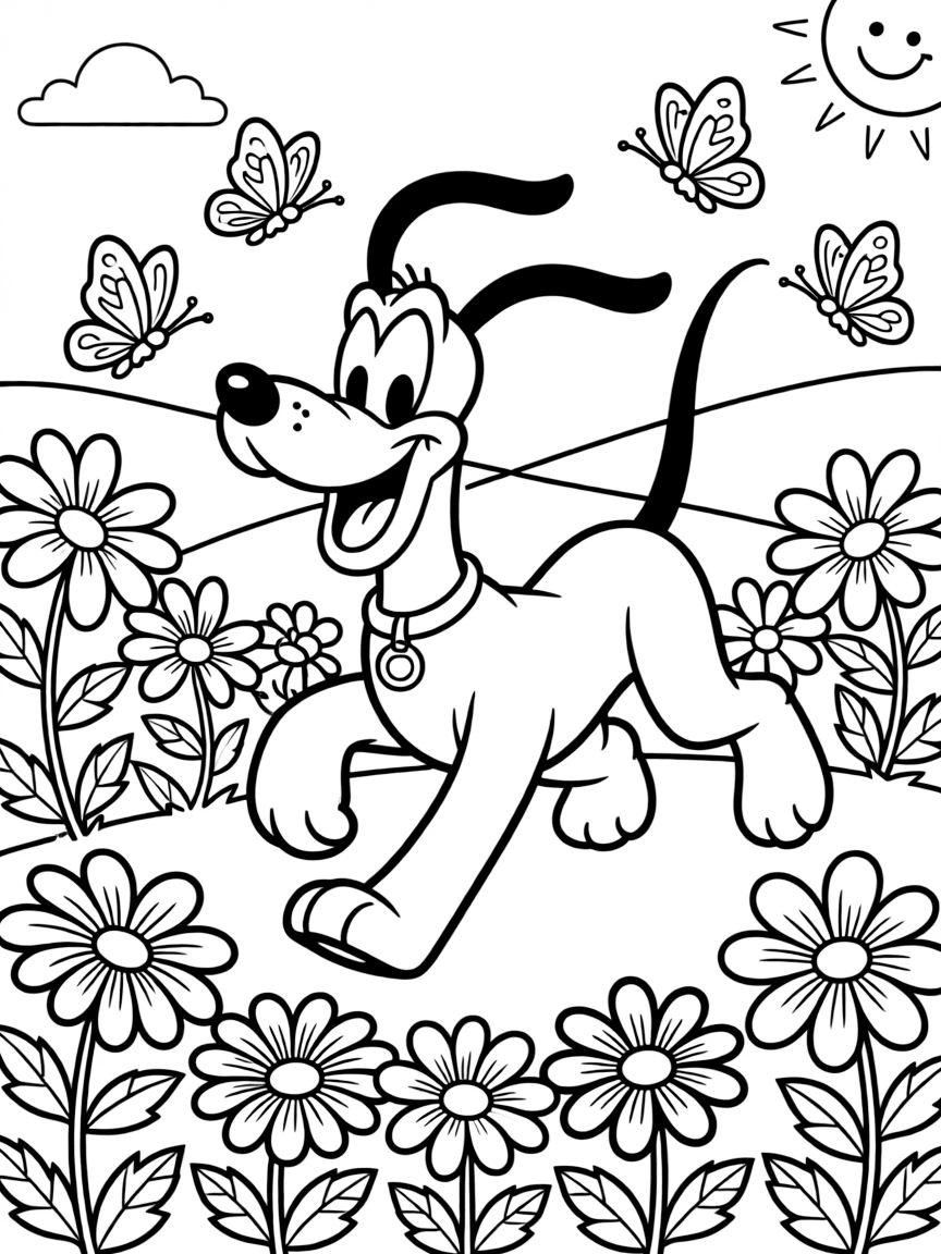 Pluto chasing butterflies through a flower garden with his tail wagging and flowers blooming all around