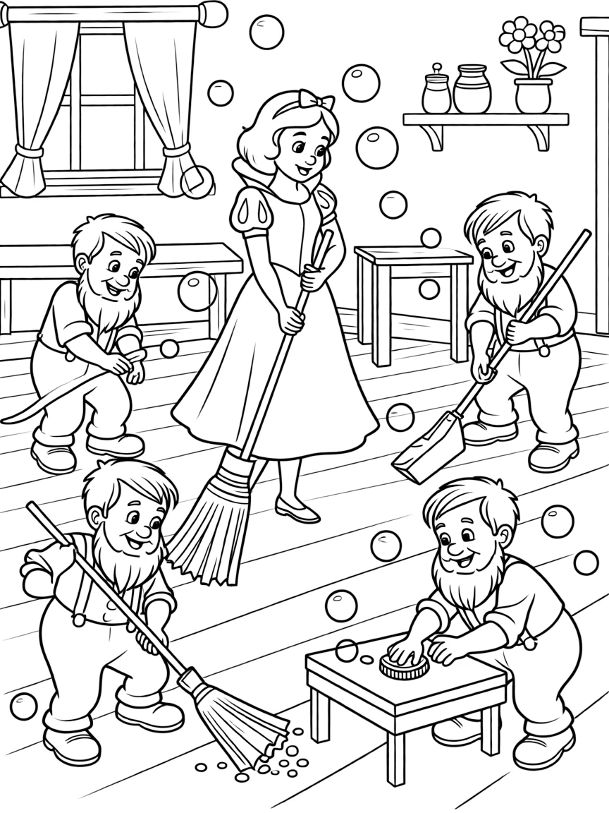 Snow White and the Seven Dwarfs in their cottage, cleaning and tidying up with brooms, dustpans, and soap bubbles