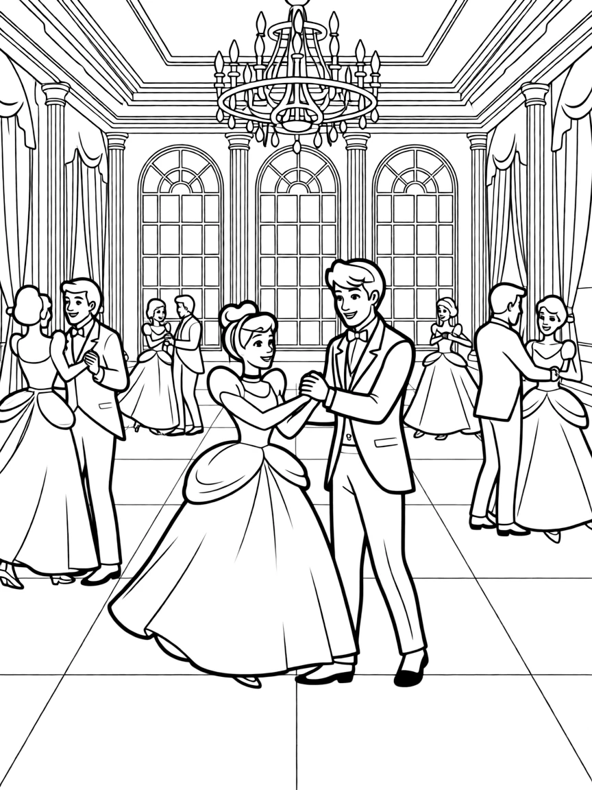 Cinderella at the royal ball, dancing with Prince Charming in a grand ballroom with other couples waltzing