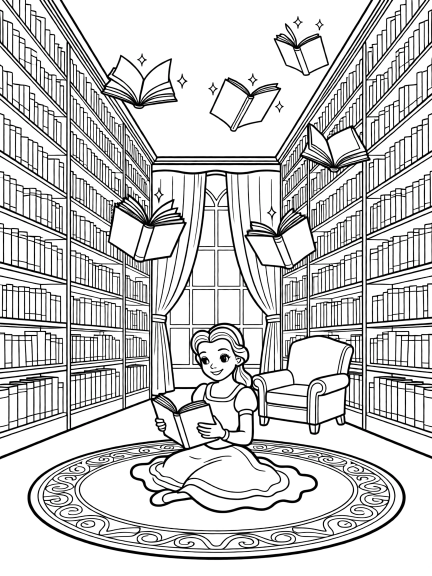 Belle reading a book in the Beast's library, surrounded by towering bookshelves and magical floating books