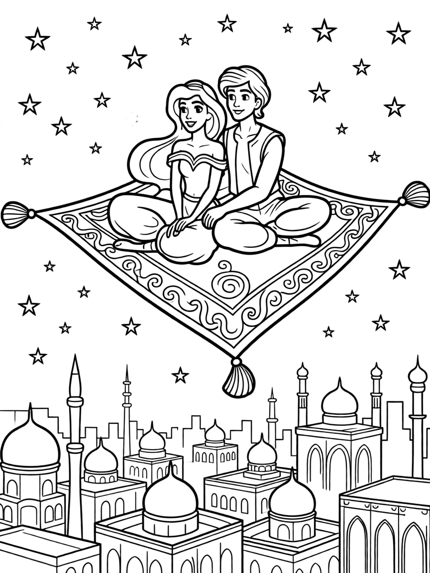 Jasmine and Aladdin riding on the magic carpet high above the city of Agrabah with stars twinkling in the night sky