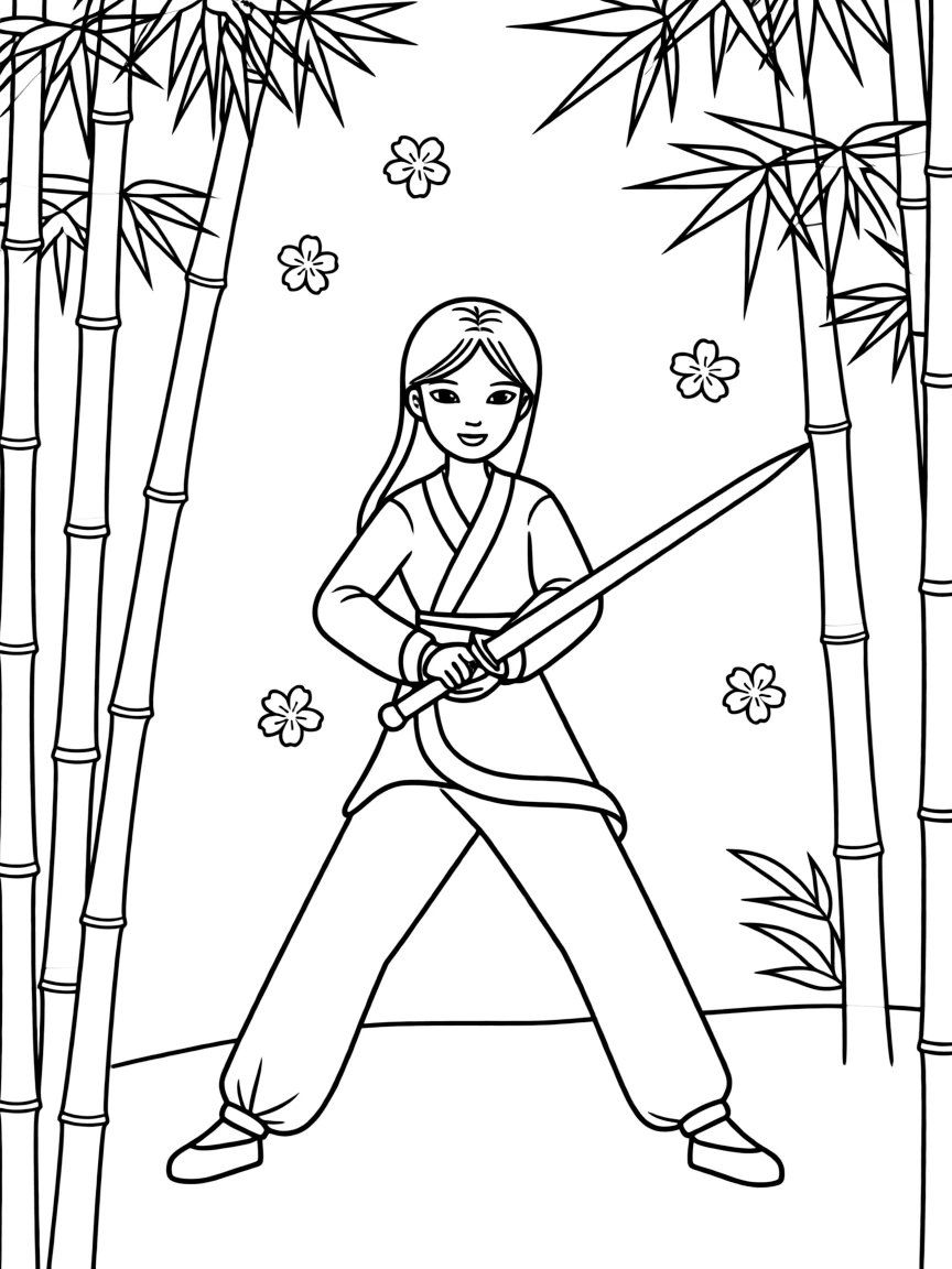 Mulan training with her sword in a peaceful bamboo forest, with cherry blossoms floating in the breeze