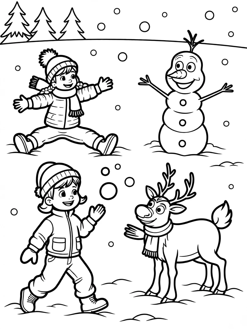 Anna and Olaf playing in the snow, building snow angels and having a snowball fight with Kristoff and Sven