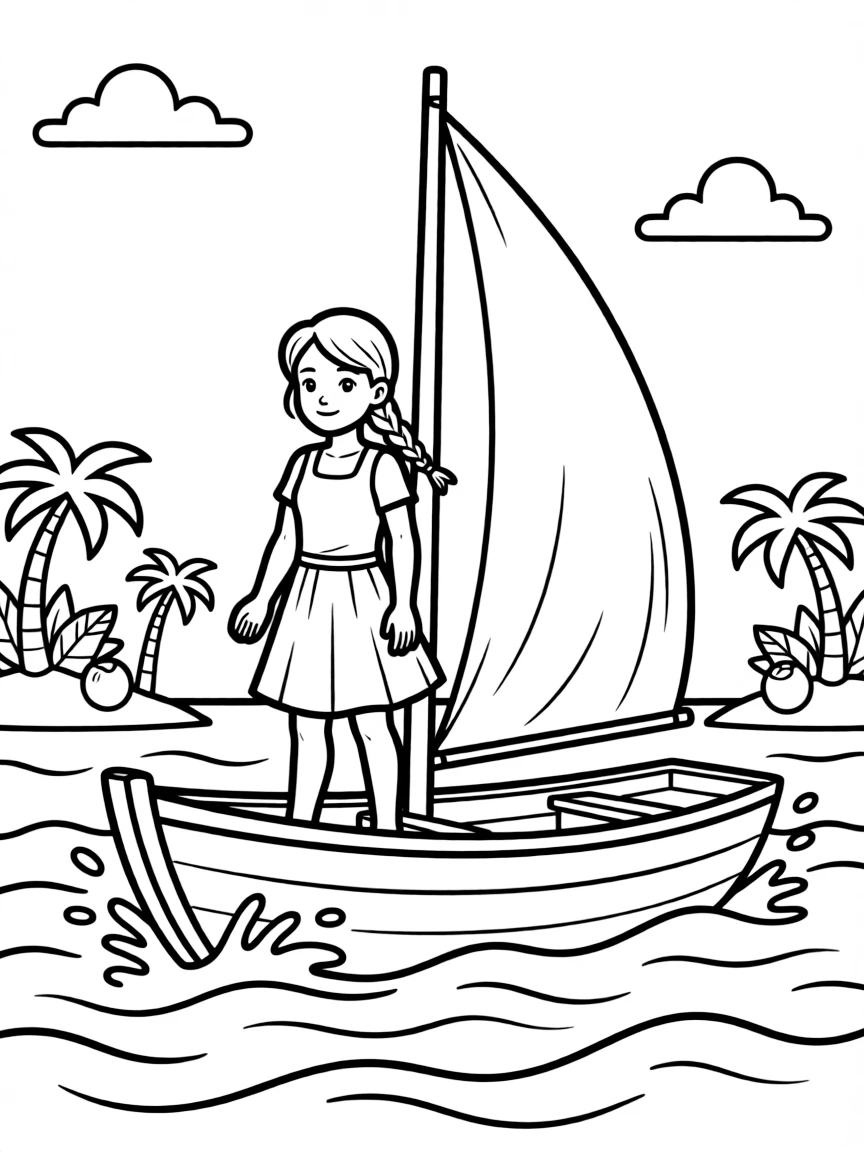 Moana sailing across the ocean on her boat, with waves splashing and tropical islands visible in the distance