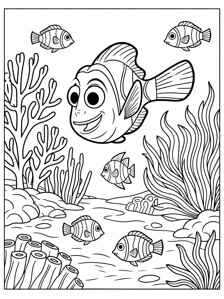 Finding Nemo's Dory swimming through a colorful coral reef with tropical fish and sea anemones everywhere