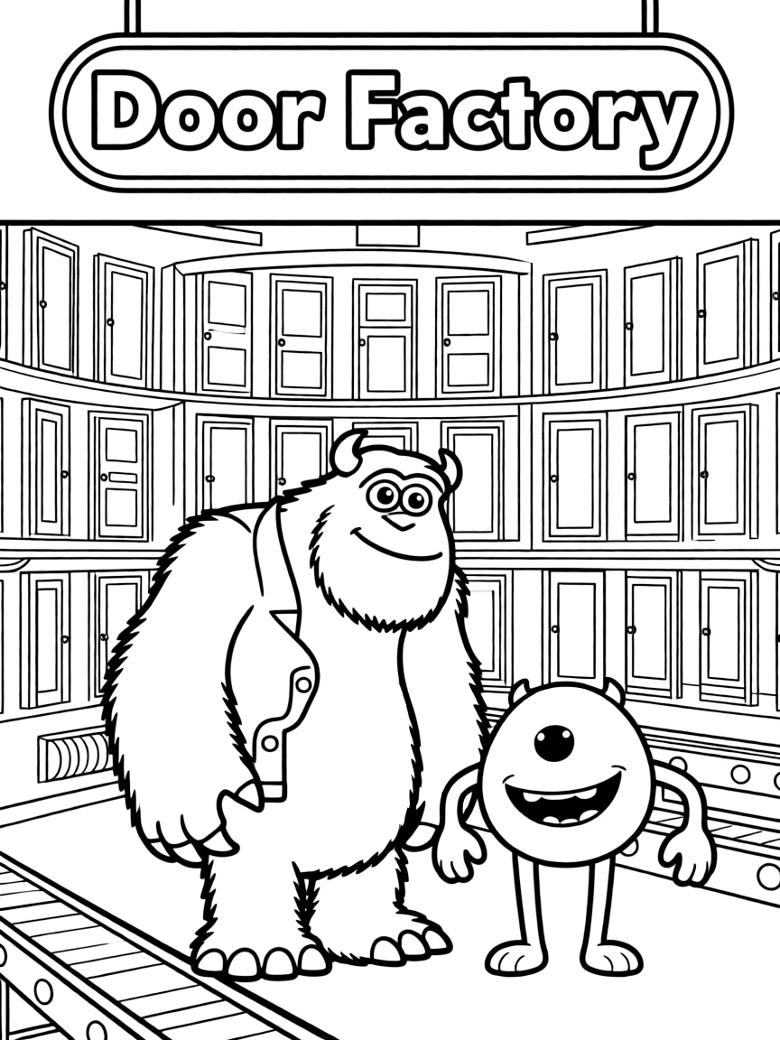 Sulley and Mike from Monsters Inc. walking through the door factory with hundreds of colorful doors