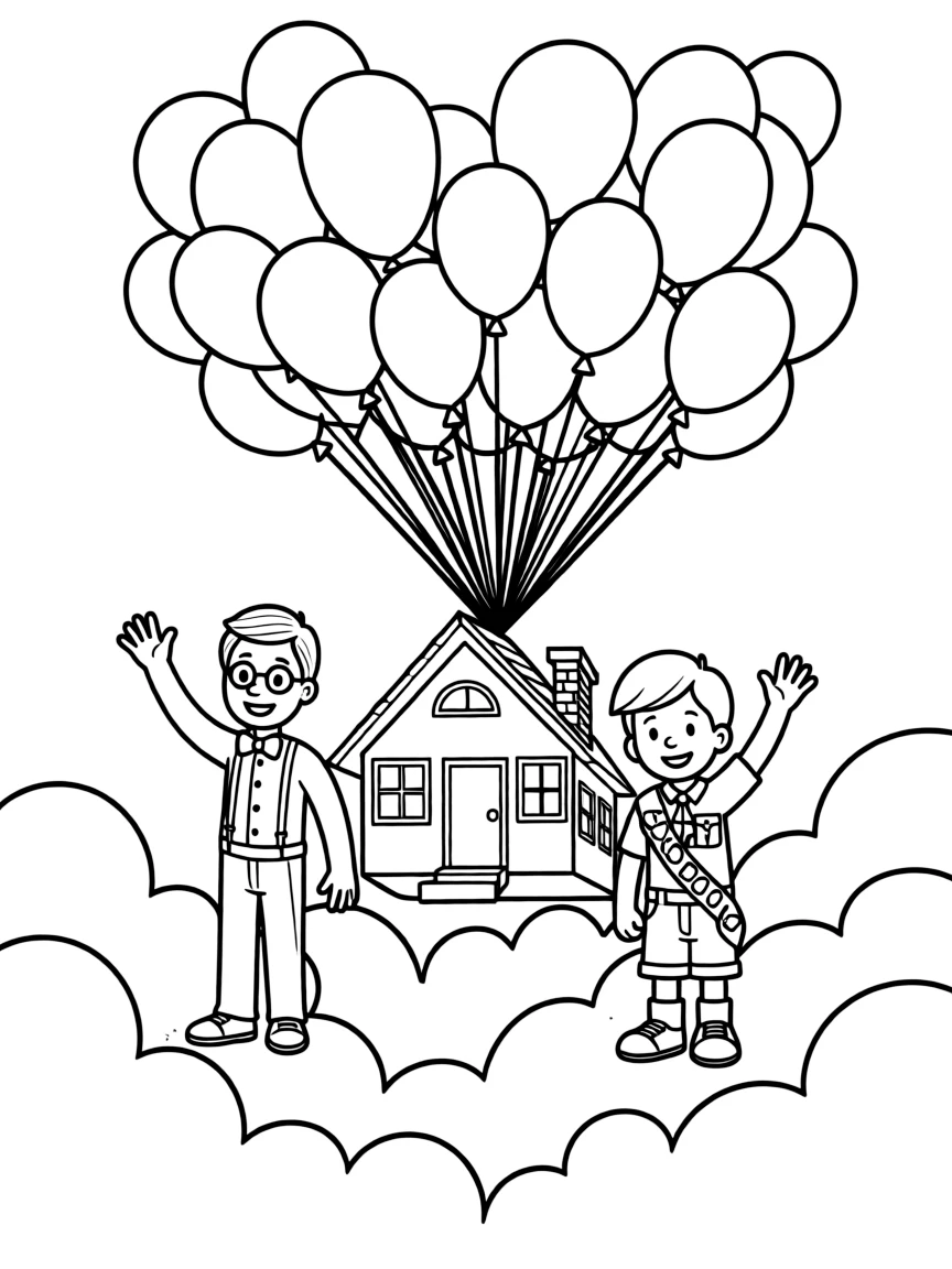 Carl and Russell from UP floating in their house carried by colorful balloons high above the clouds