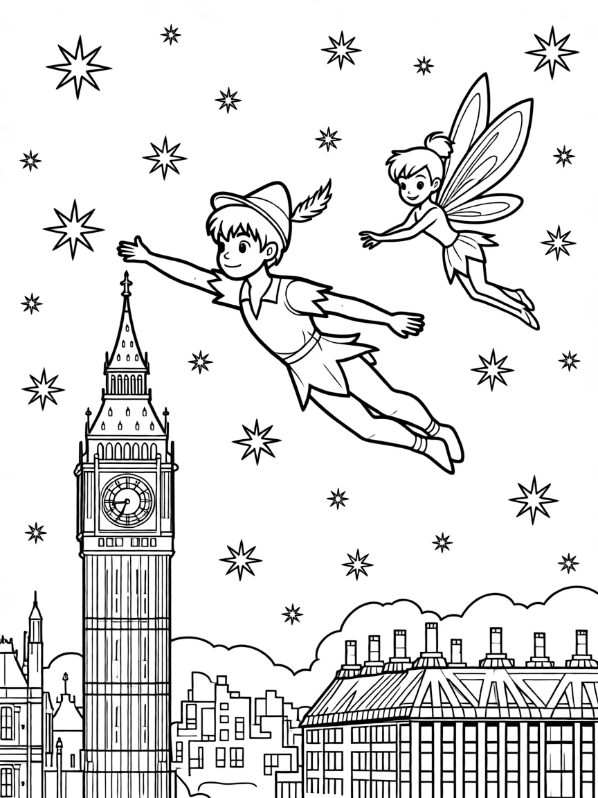 Peter Pan and Tinker Bell flying over London at night, with Big Ben and twinkling city lights below