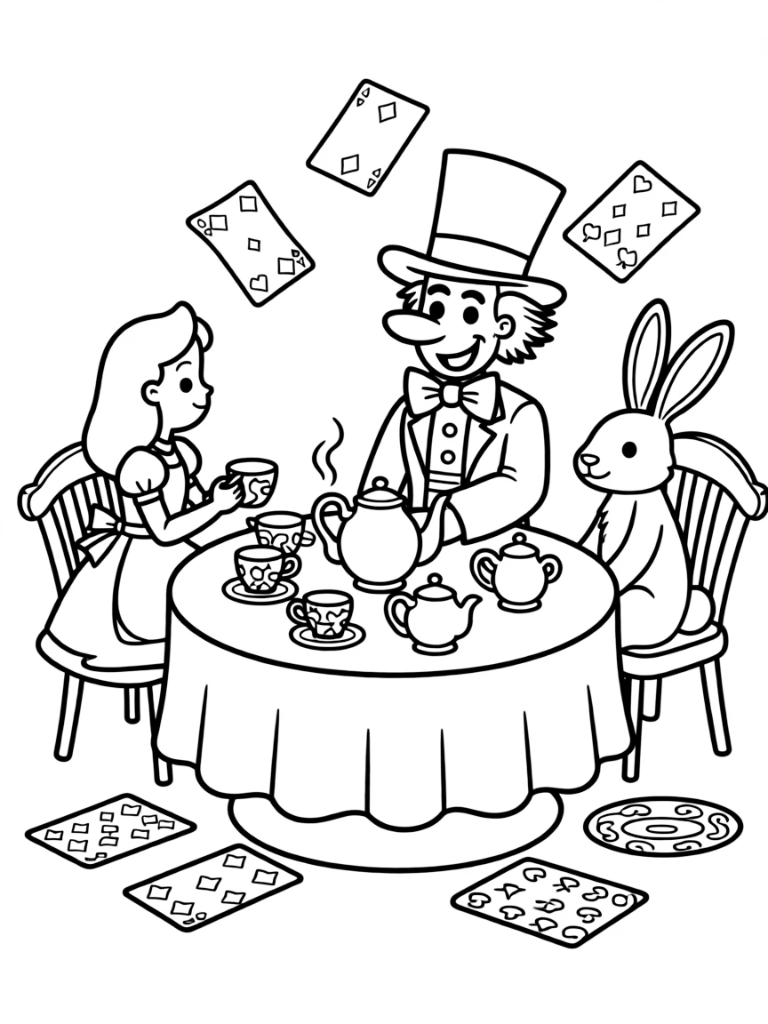 Alice having tea with the Mad Hatter and March Hare in Wonderland, with teapots and playing cards everywhere