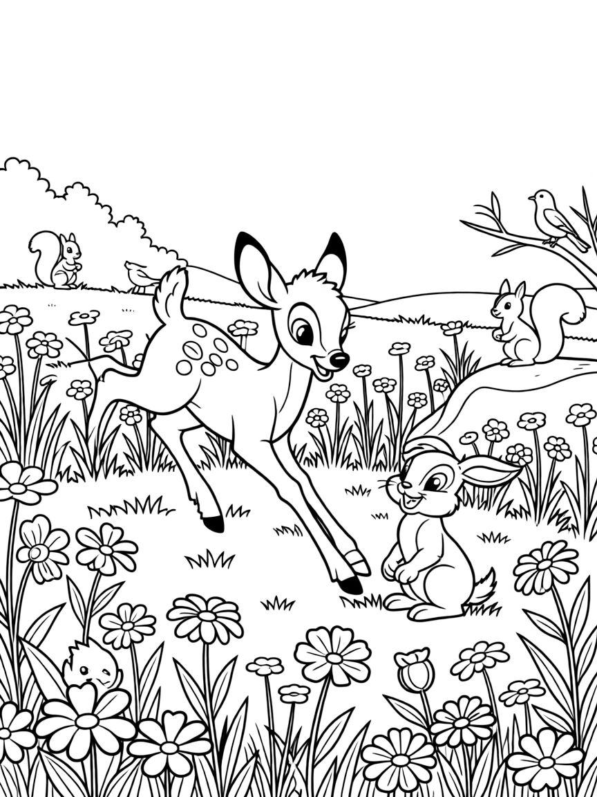 Bambi and Thumper playing in a meadow filled with wildflowers, with other forest animals watching nearby