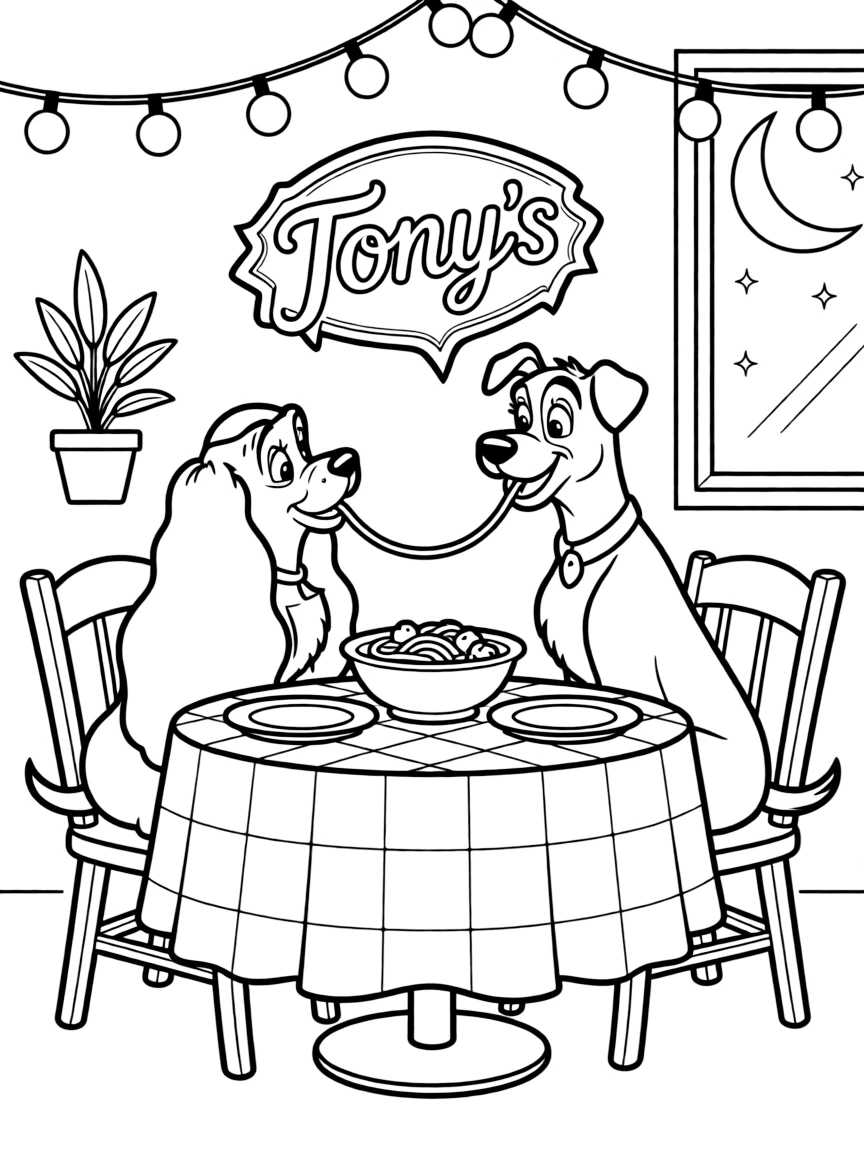 Lady and the Tramp sharing spaghetti at Tony's restaurant, with checkered tablecloths and Italian decorations