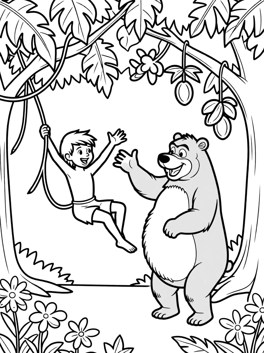 The Jungle Book's Mowgli swinging through trees with Baloo the bear, surrounded by tropical vines and fruits