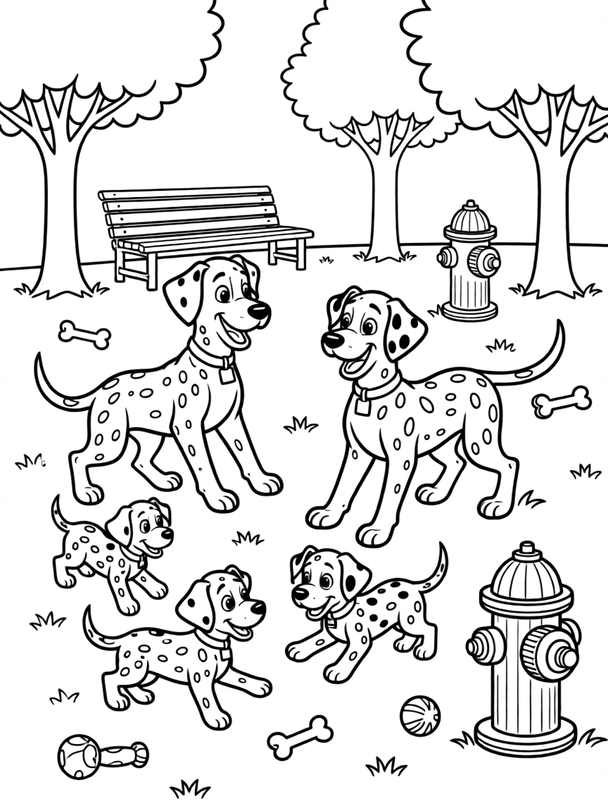 101 Dalmatians' Pongo and Perdita with their puppies playing in a park, with dog toys and fire hydrants
