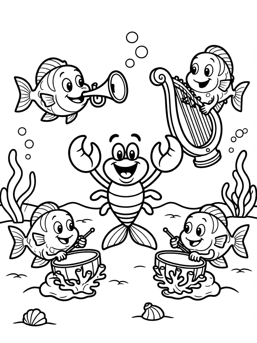 The Little Mermaid's Sebastian conducting an underwater orchestra with fish playing various musical instruments