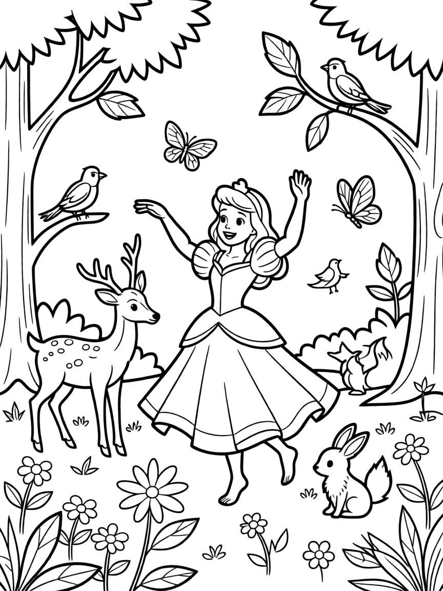 Sleeping Beauty's Aurora dancing with woodland creatures in a forest clearing, with flowers and butterflies
