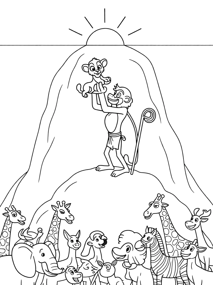 The Lion King's Rafiki presenting baby Simba to all the animals gathered at Pride Rock