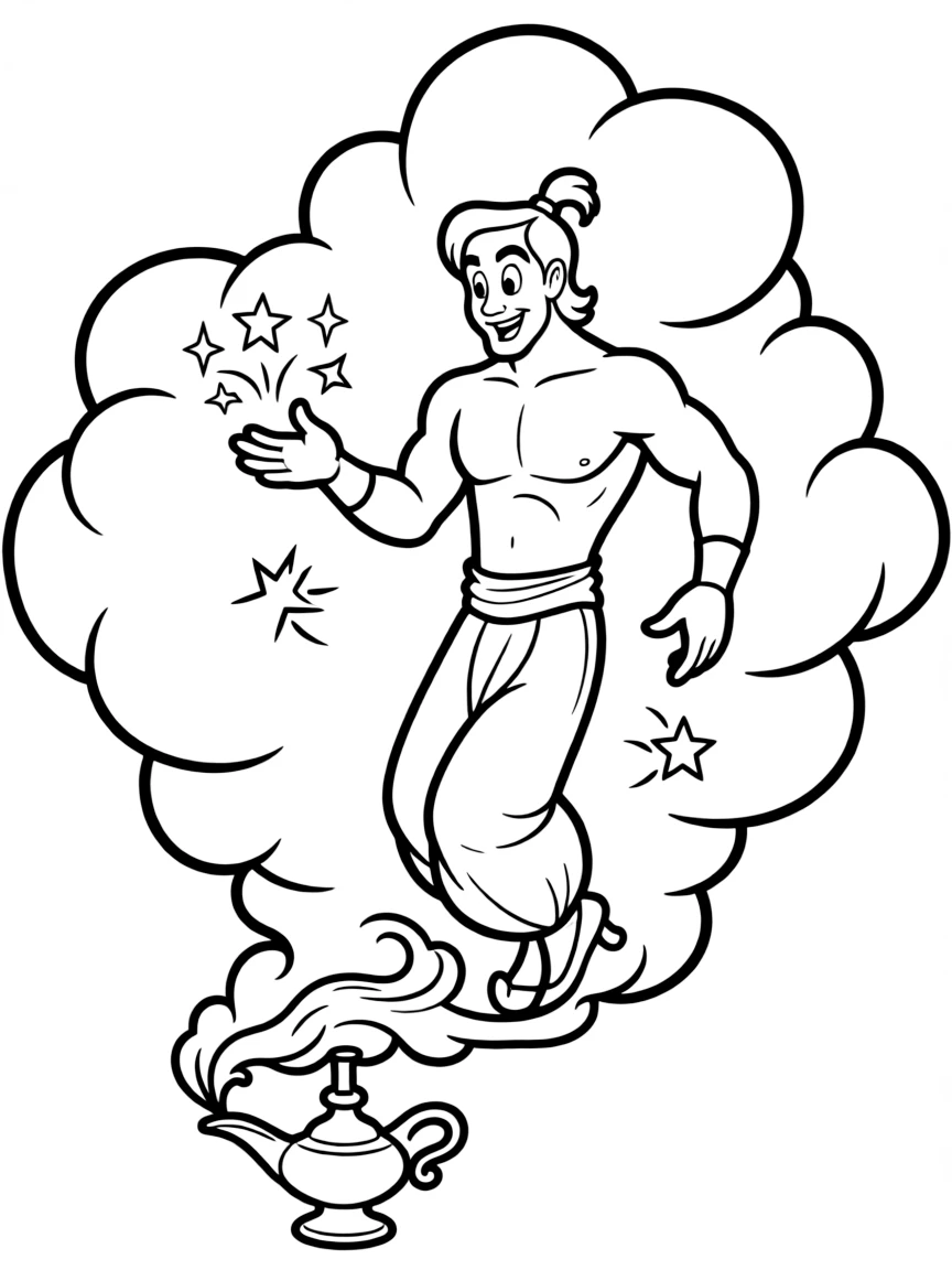Aladdin's Genie emerging from his magic lamp in a cloud of blue smoke, granting wishes with magical sparkles