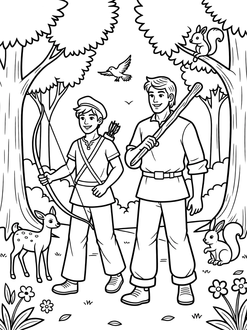 Robin Hood and Little John walking through Sherwood Forest, with their bows and arrows and woodland creatures