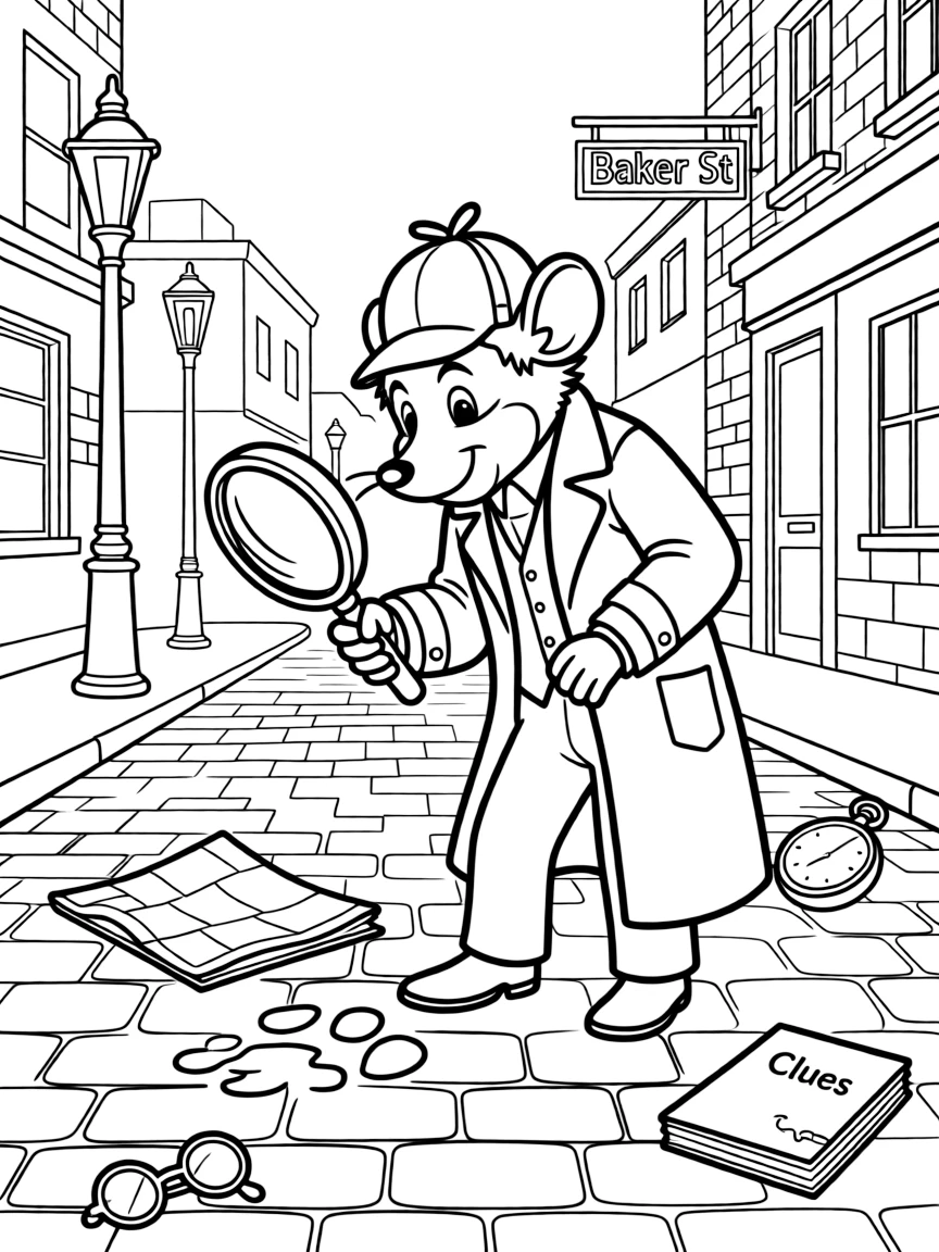 The Great Mouse Detective's Basil solving a mystery in Victorian London with magnifying glass and clues